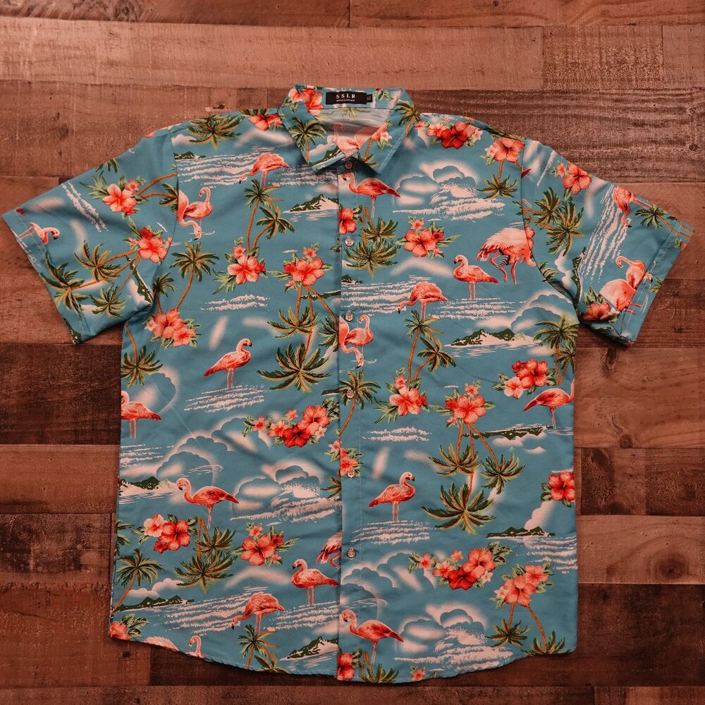 SSLR Hawaiian Flamingo Shirt Men’s XL Blue Tropical‎ Aloha Button Up